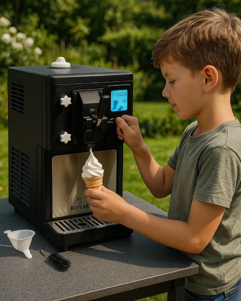 Popcornmaschine Kind zapft Softeis aus Eismaschine